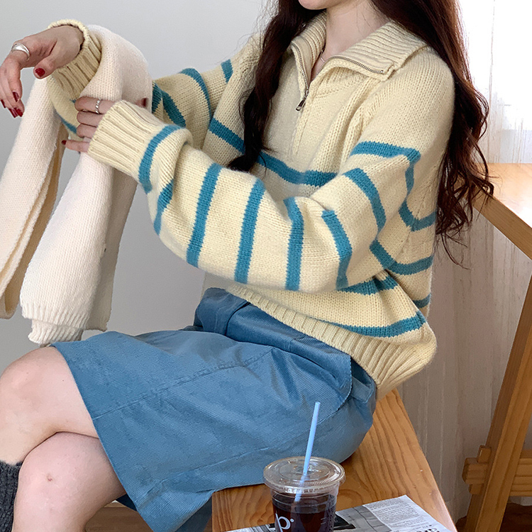 春季新品半拉鍊翻領毛衣