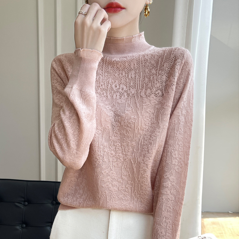 春秋半高領洋氣蕾絲打底衫