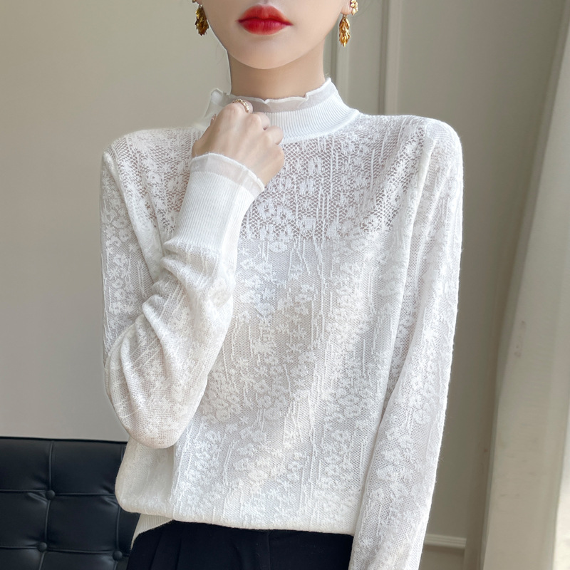 春秋半高領洋氣蕾絲打底衫