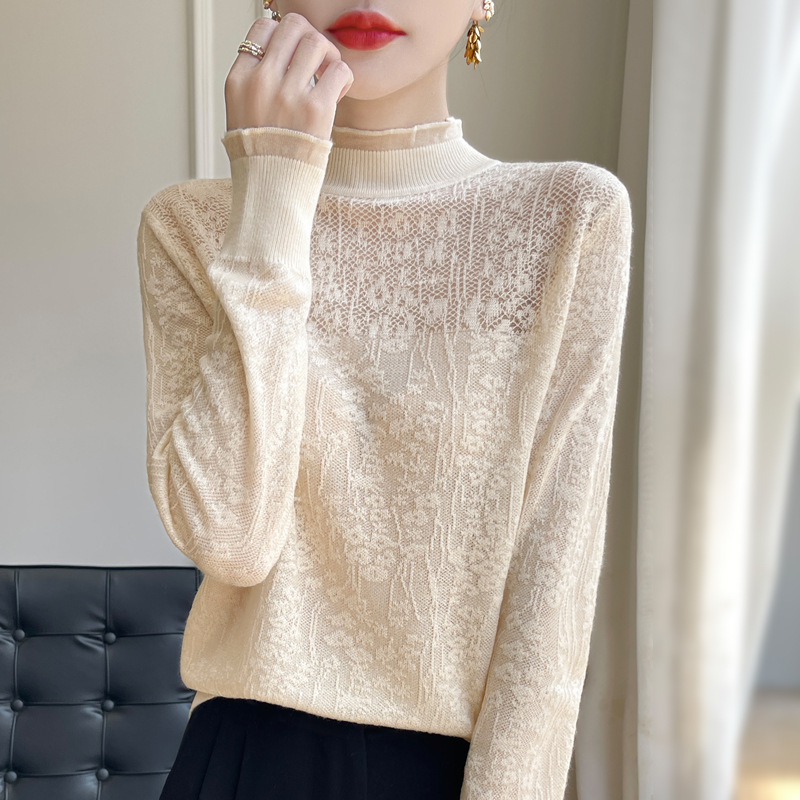 春秋半高領洋氣蕾絲打底衫