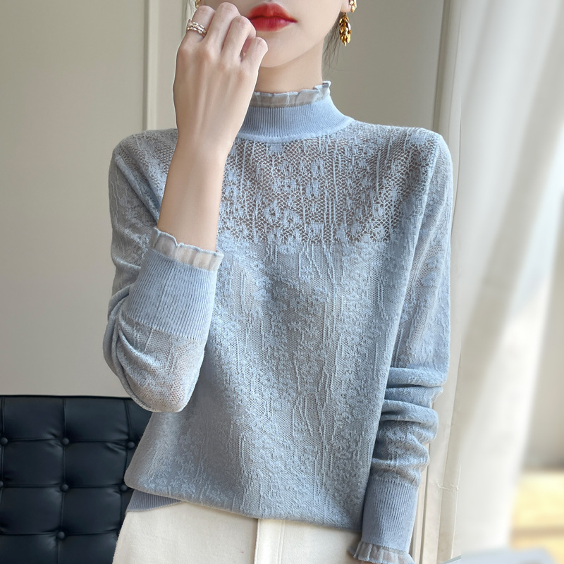 春秋半高領洋氣蕾絲打底衫