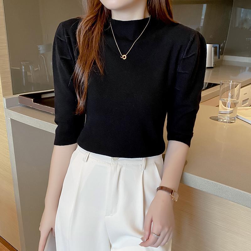 春秋季薄款泡泡袖半高領針織衫