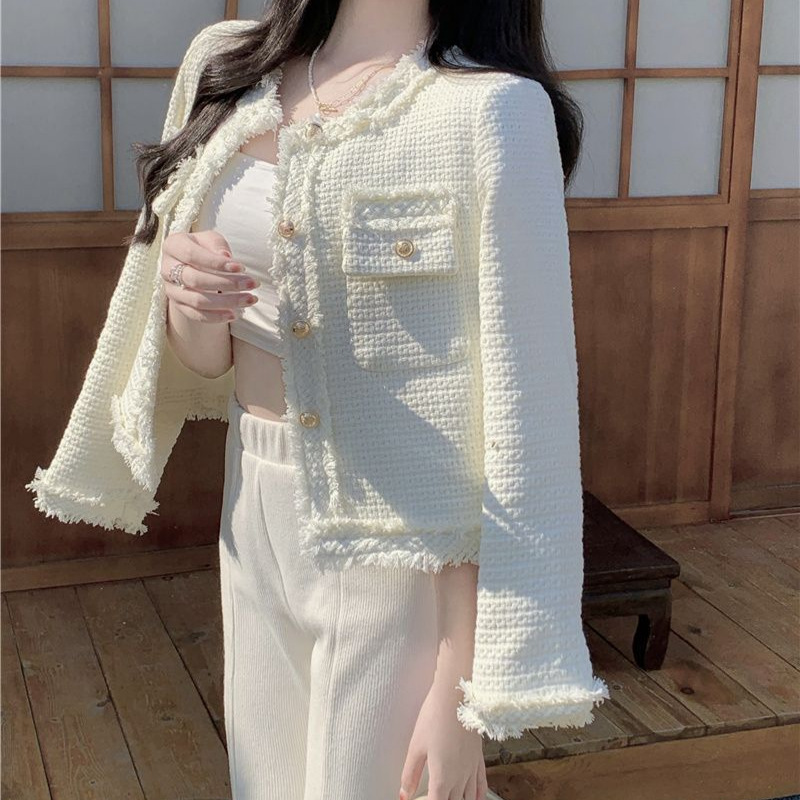 名媛獨特別致設計感白色小香風外套