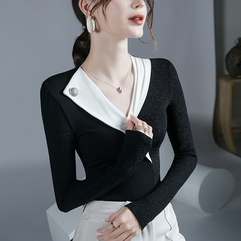 秋冬新款設計感拼色打底衫