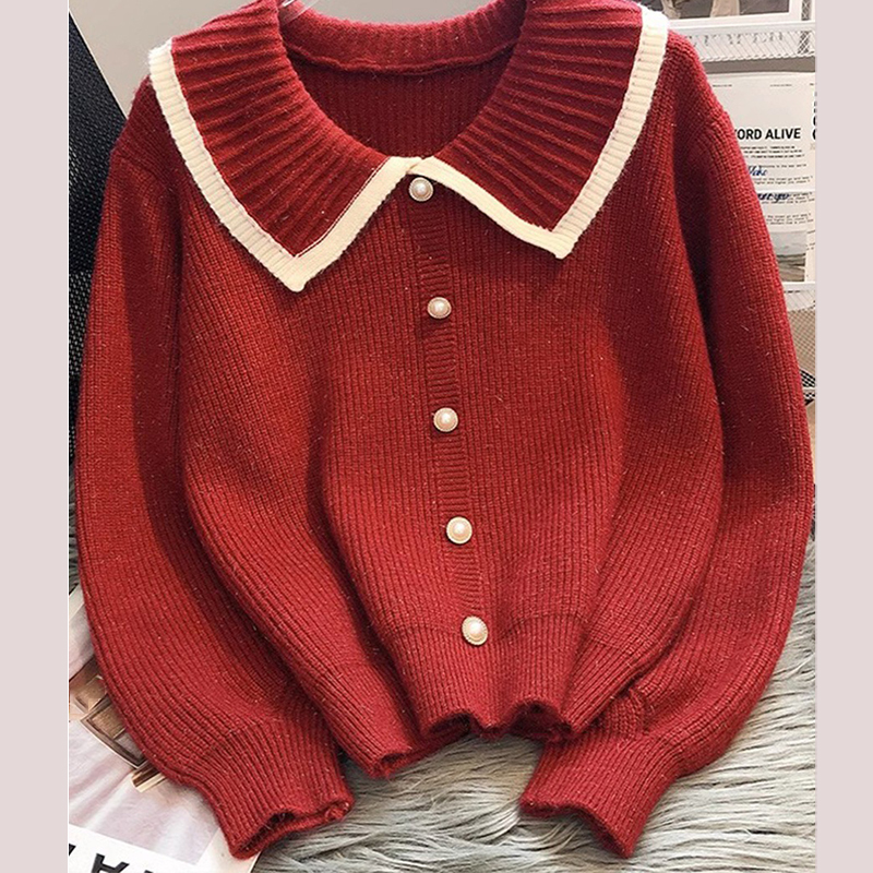 春秋季氣質高級感小香風娃娃領針織衫