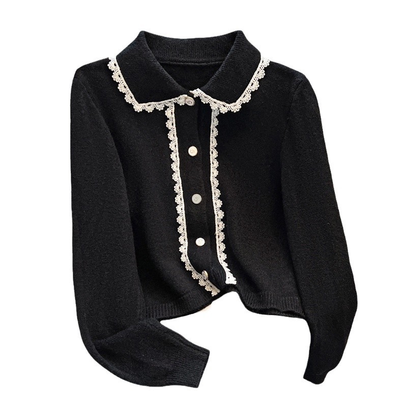 新款單排扣蕾絲拼接設計感小香風娃娃領針織衫