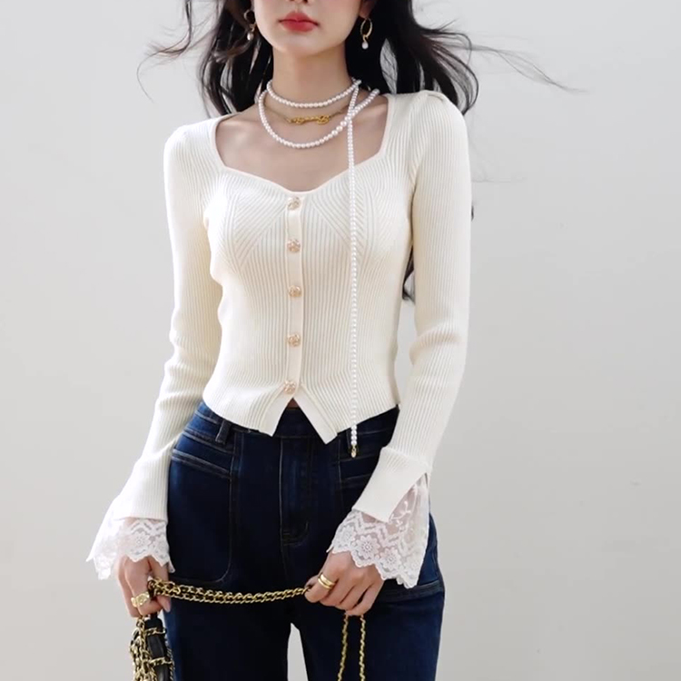 春季新款法式桃心領蕾絲花邊長袖針織衫