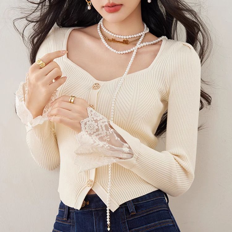 春季新款法式桃心領蕾絲花邊長袖針織衫