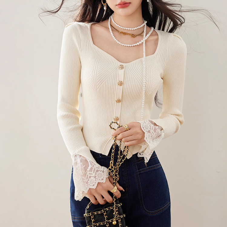 春季新款法式桃心領蕾絲花邊長袖針織衫
