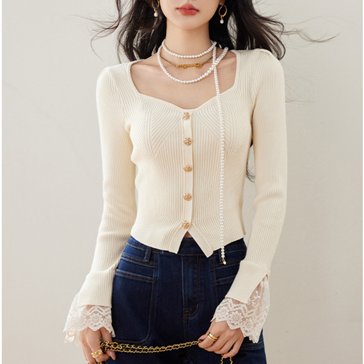 春季新款法式桃心領蕾絲花邊長袖針織衫