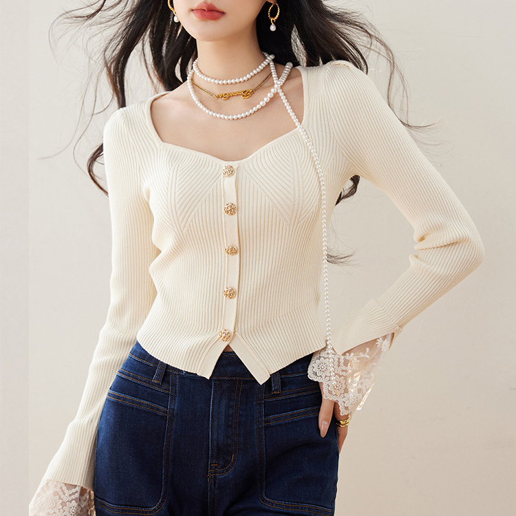 春季新款法式桃心領蕾絲花邊長袖針織衫