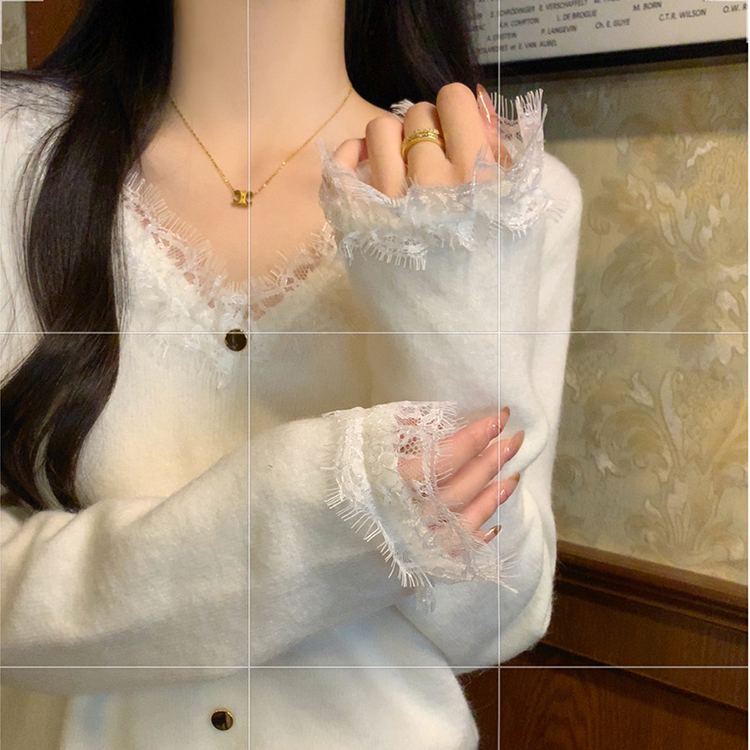 韓版V領蕾絲邊氣質金屬扣北極絨針織衫