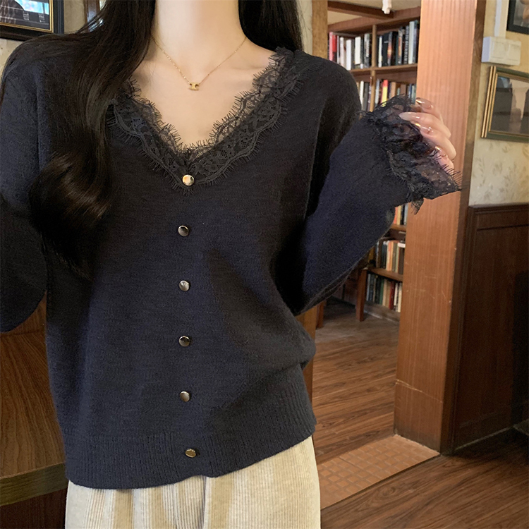 韓版V領蕾絲邊氣質金屬扣北極絨針織衫