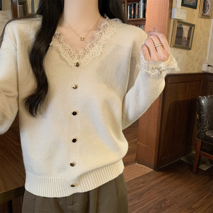 韓版V領蕾絲邊氣質金屬扣北極絨針織衫