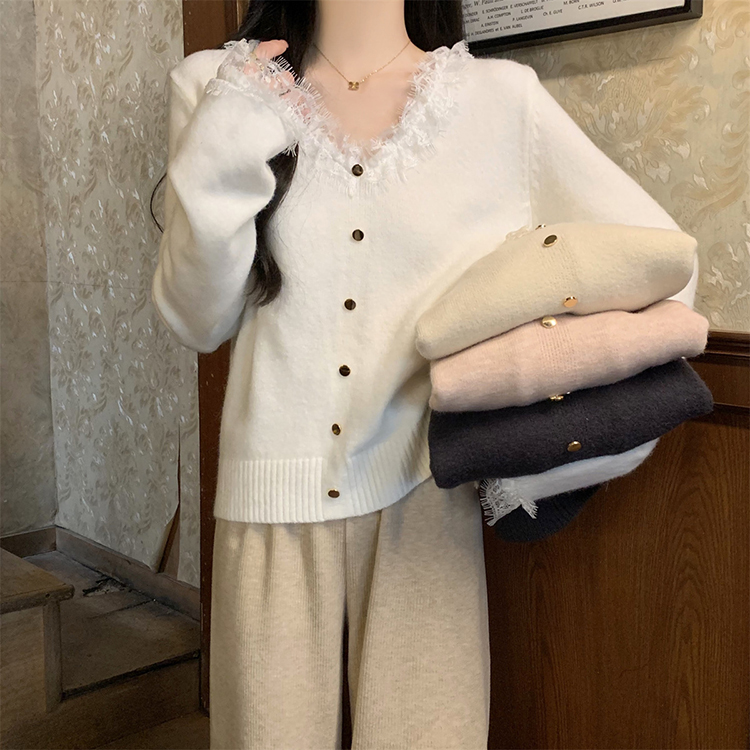 韓版V領蕾絲邊氣質金屬扣北極絨針織衫