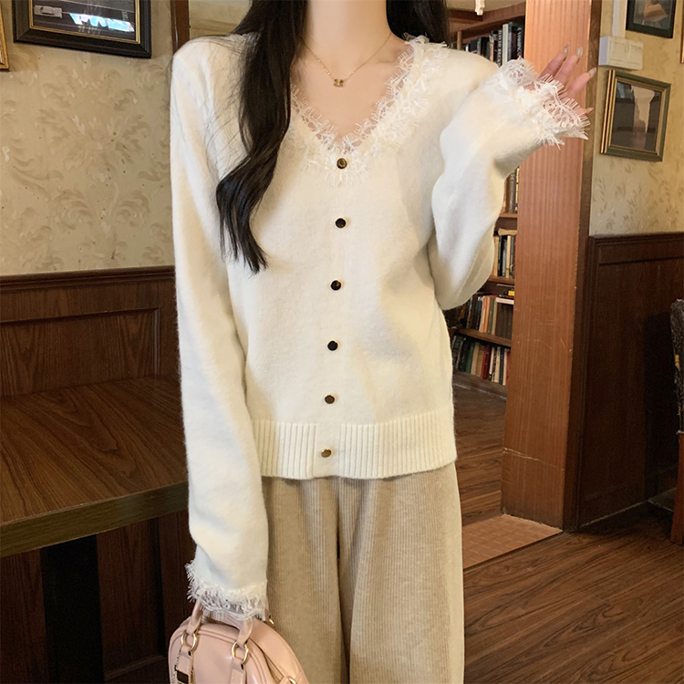 韓版V領蕾絲邊氣質金屬扣北極絨針織衫