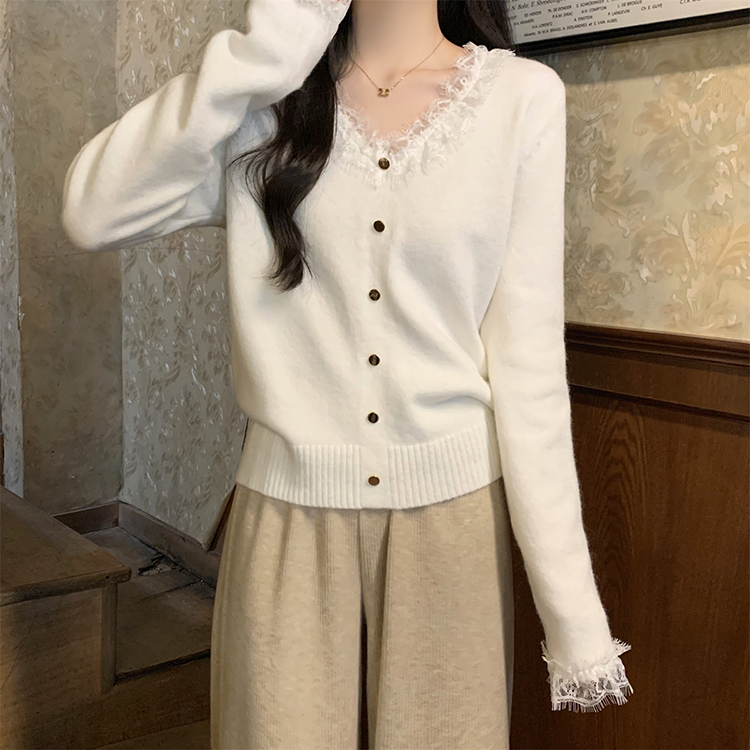 韓版V領蕾絲邊氣質金屬扣北極絨針織衫