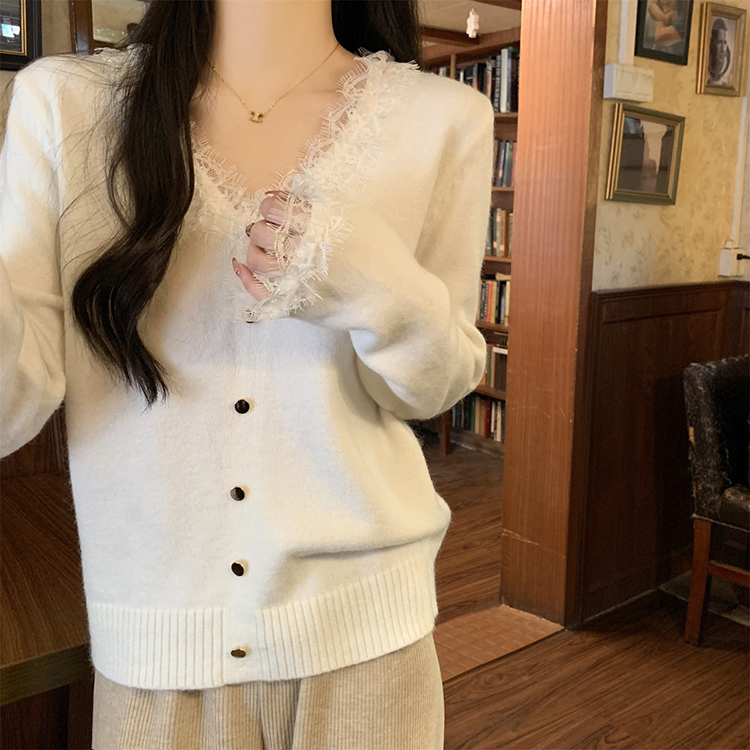 韓版V領蕾絲邊氣質金屬扣北極絨針織衫