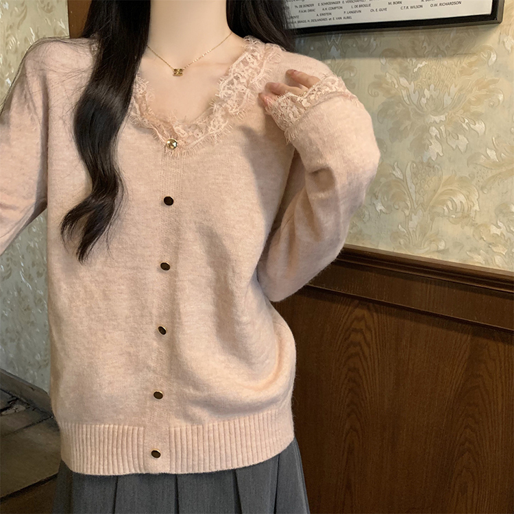韓版V領蕾絲邊氣質金屬扣北極絨針織衫