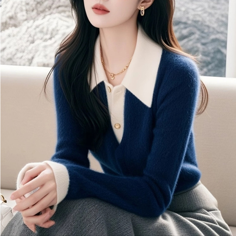 時尚秋冬新款藍白拼色翻領毛衣