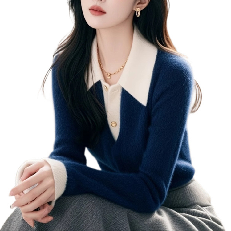 時尚秋冬新款藍白拼色翻領毛衣