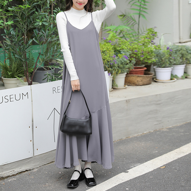 春季韓版寬鬆領荷葉邊吊帶魚尾長款連衣裙