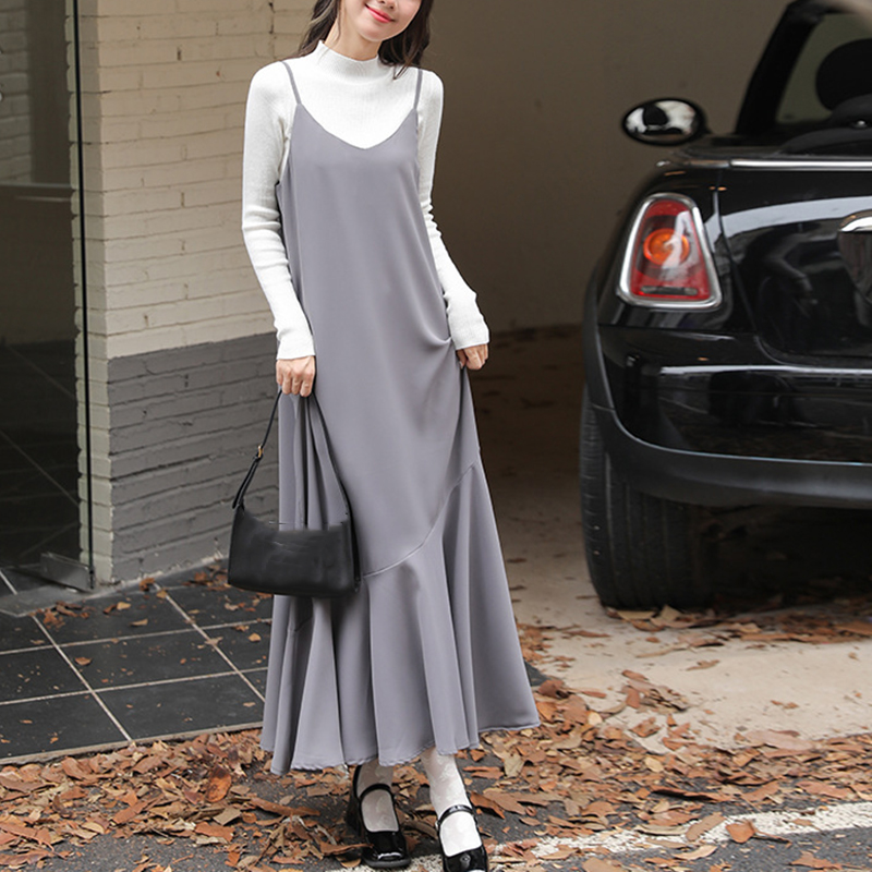 春季韓版寬鬆領荷葉邊吊帶魚尾長款連衣裙