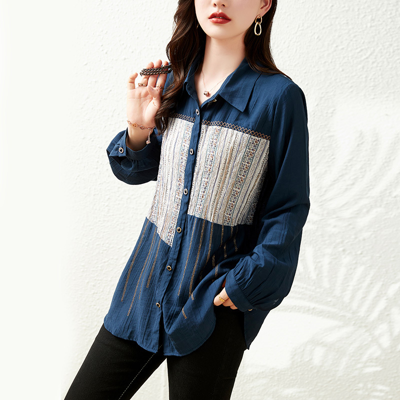 春季復古褶皺燙磚拼接印花襯衫