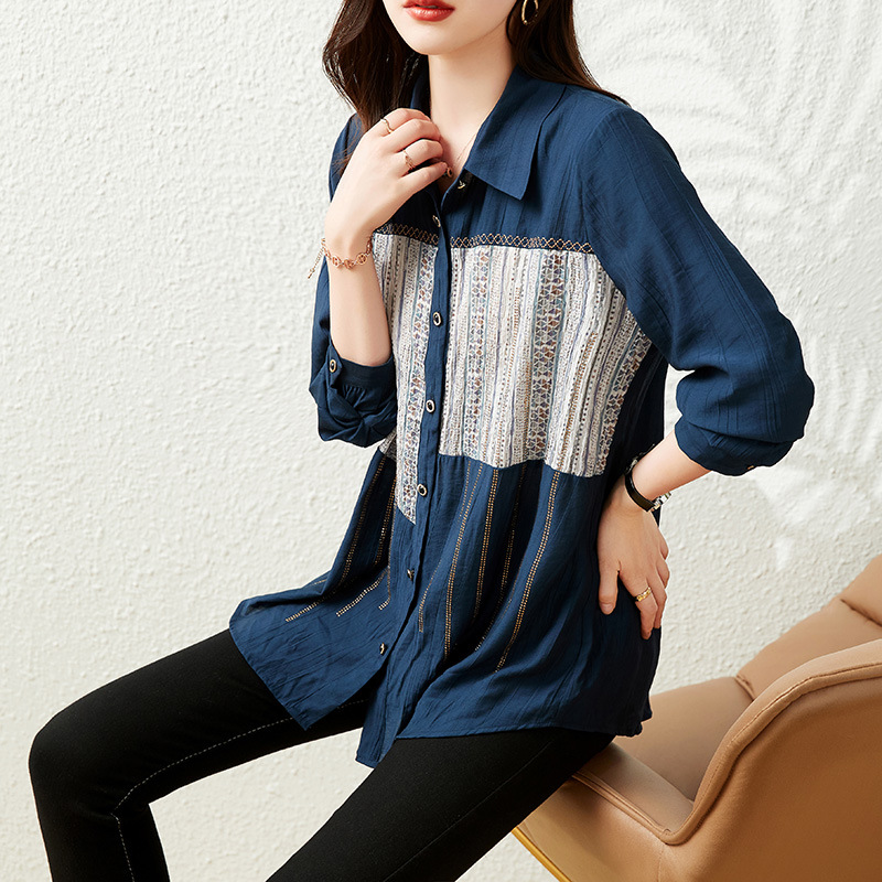 春季復古褶皺燙磚拼接印花襯衫