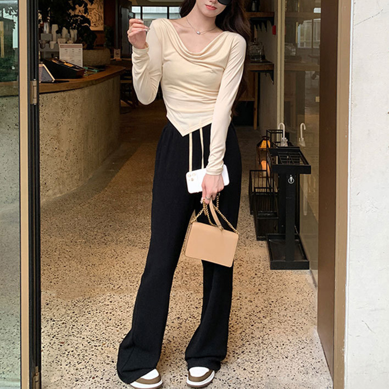 春秋季新款不規則蕩領斜肩長袖T賉