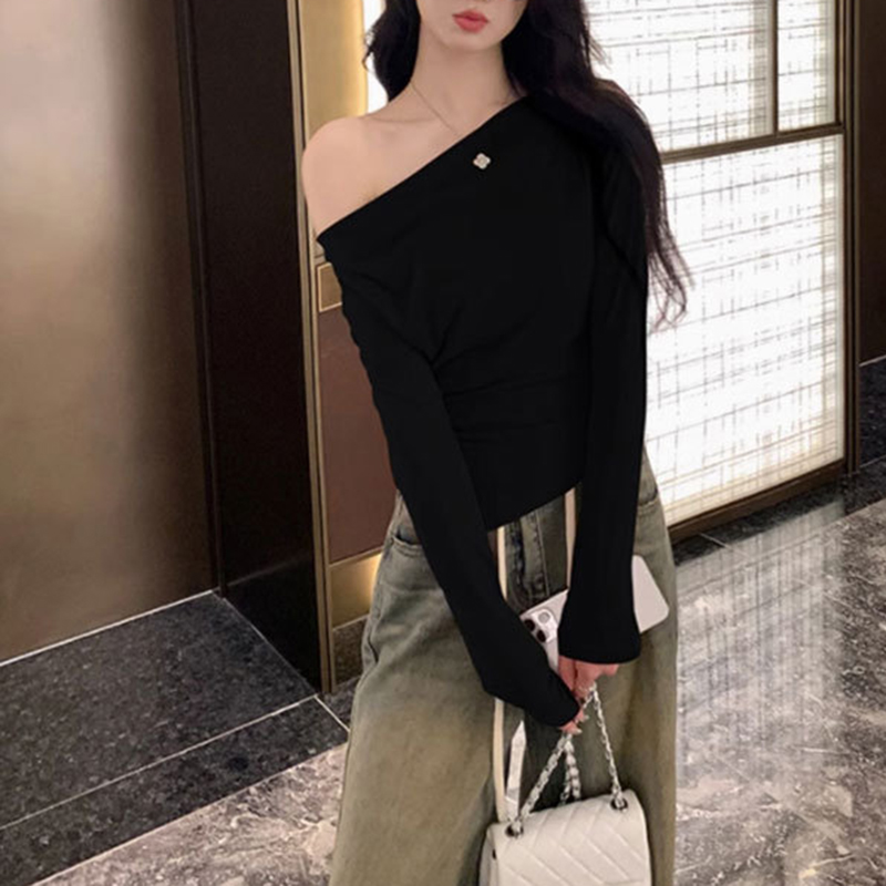 春秋季新款不規則蕩領斜肩長袖T賉