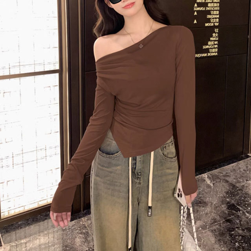 春秋季新款不規則蕩領斜肩長袖T賉