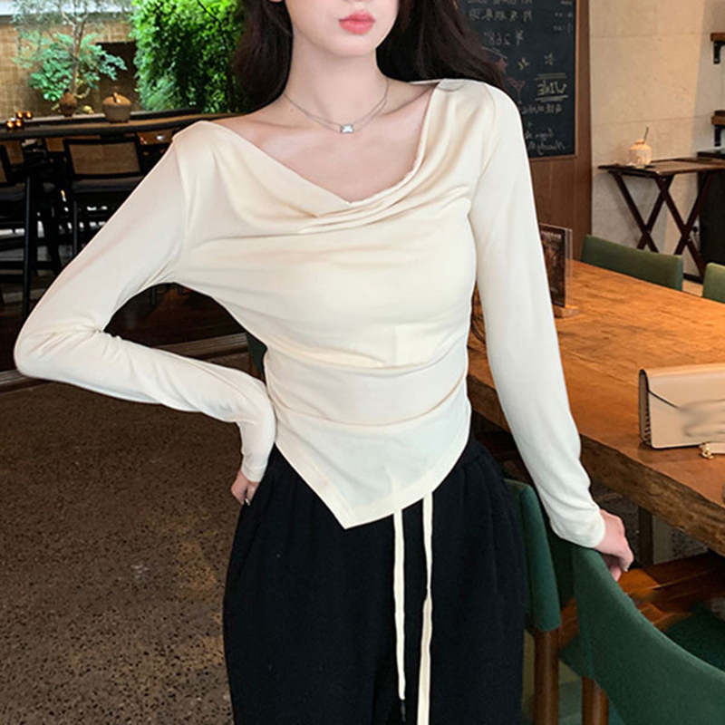 春秋季新款不規則蕩領斜肩長袖T賉