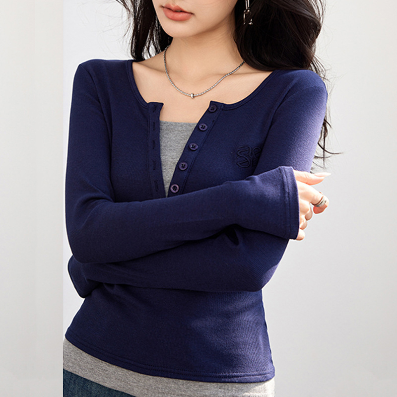 春季新款美式復古假兩件長袖T賉