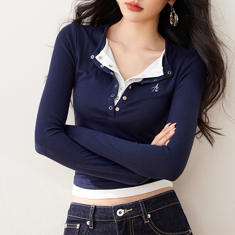 春秋季小個子洋氣修身短款假兩件拼接T賉