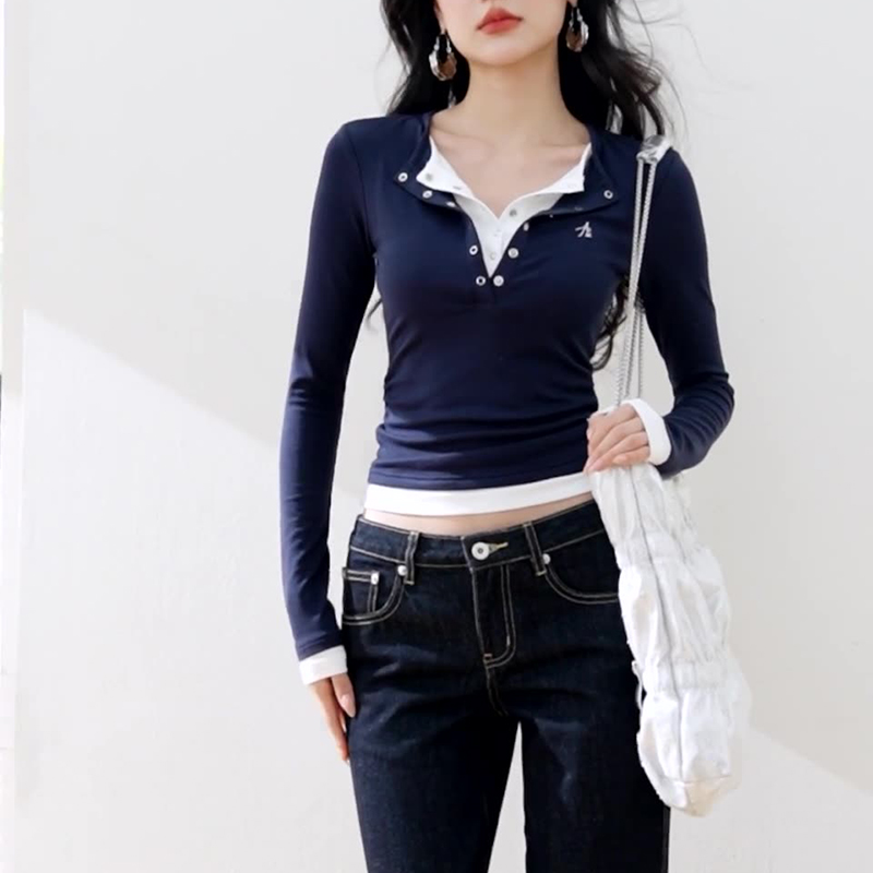 春秋季小個子洋氣修身短款假兩件拼接T賉