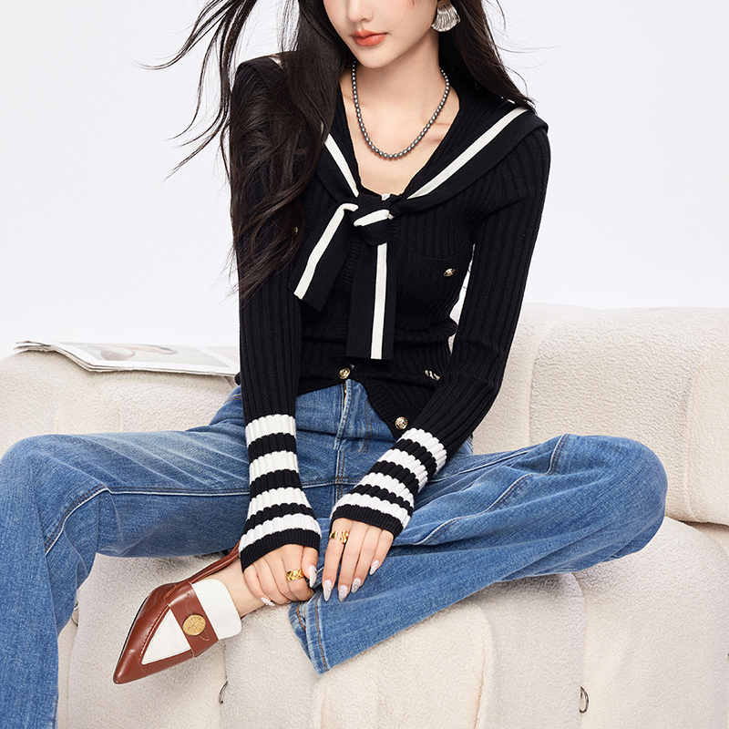 韓系撞色條紋長袖海軍領針織開衫