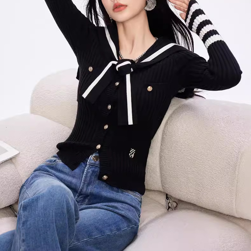 韓系撞色條紋長袖海軍領針織開衫