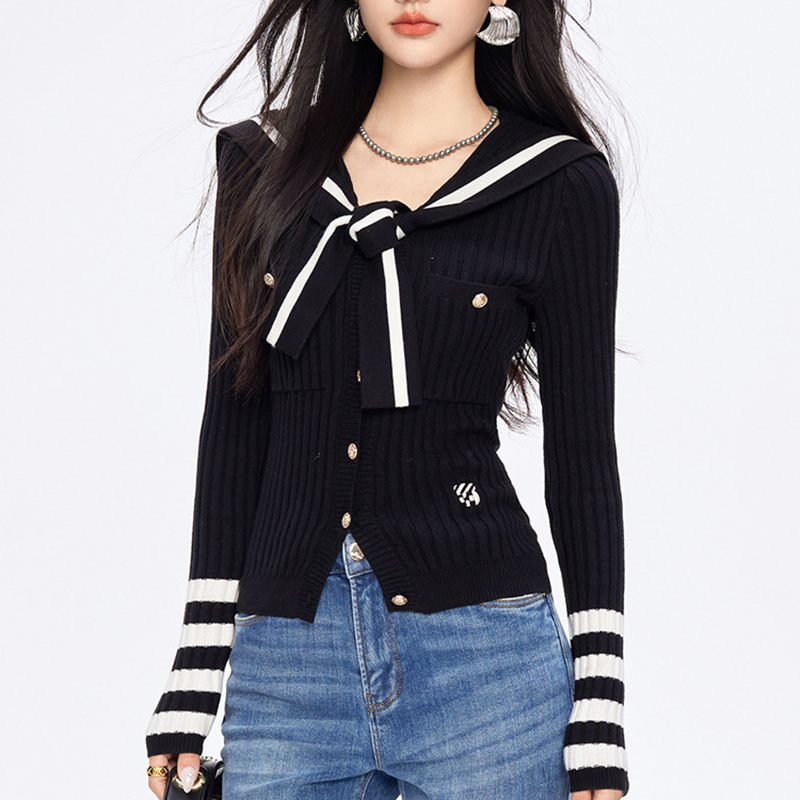 韓系撞色條紋長袖海軍領針織開衫