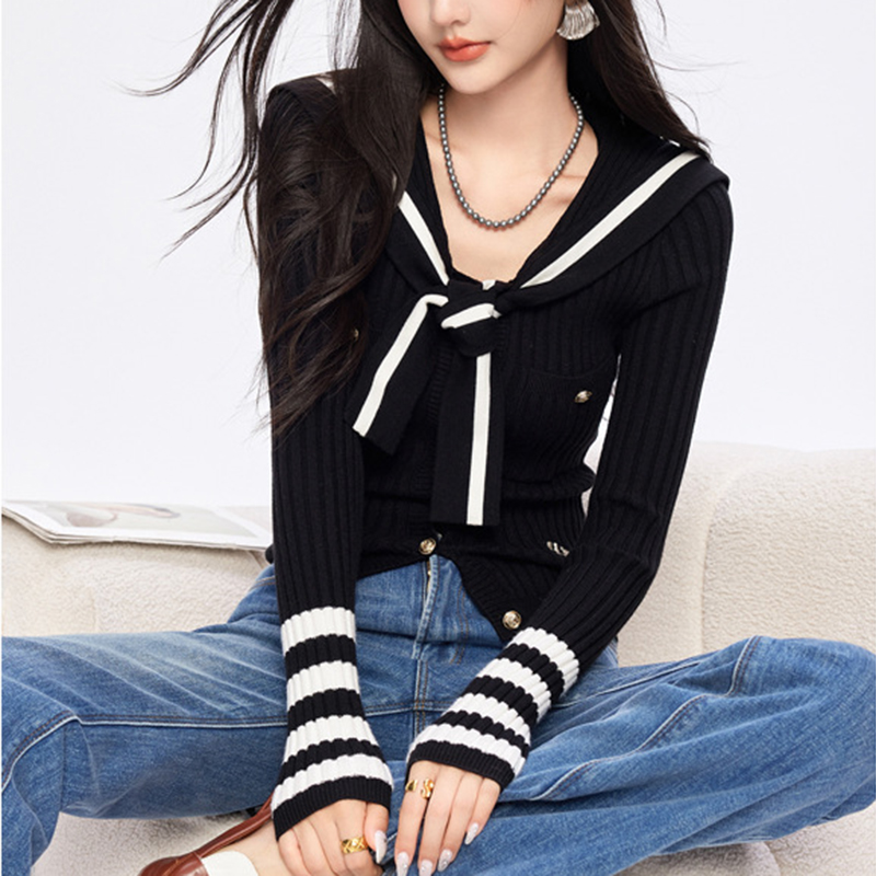 韓系撞色條紋長袖海軍領針織開衫