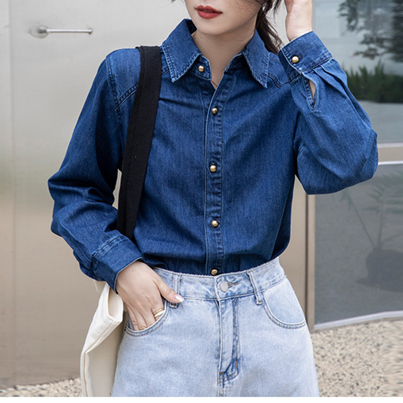 深藍復古港風正肩軟牛仔襯衫