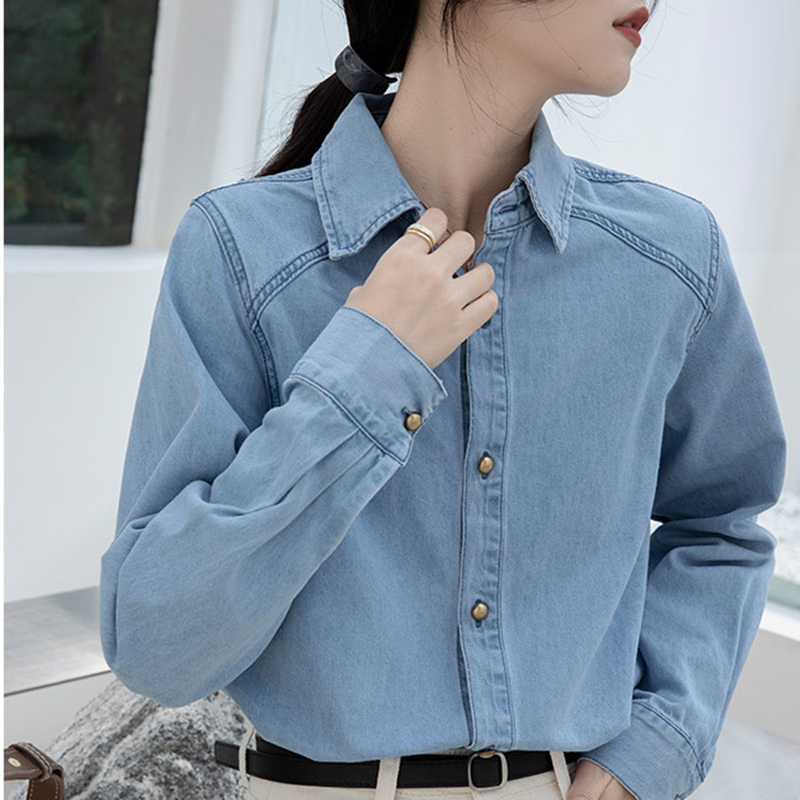 深藍復古港風正肩軟牛仔襯衫