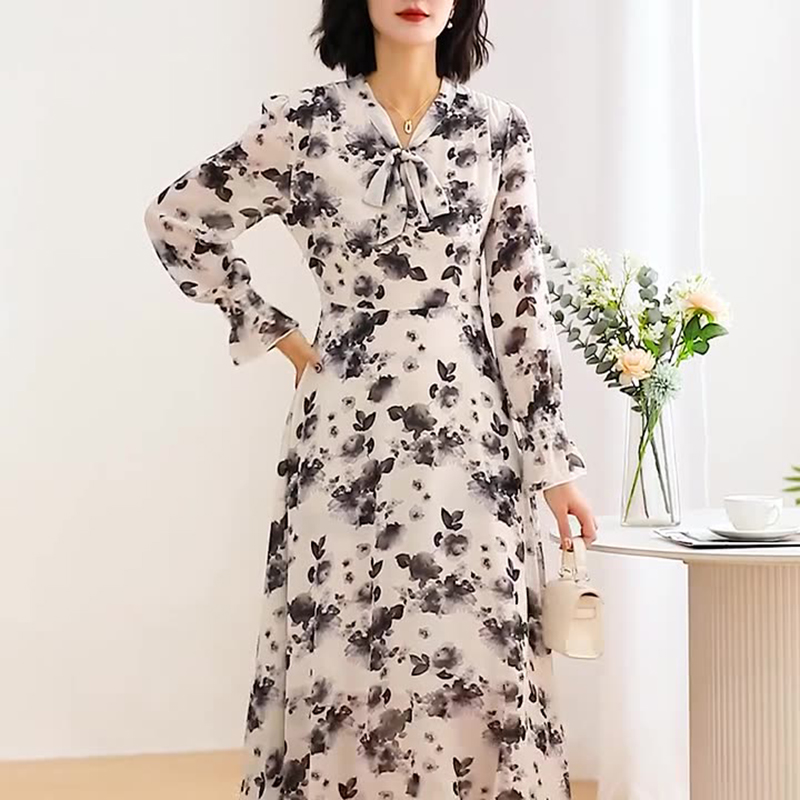 春季新款綁帶領蝴蝶結繫帶時尚優雅長裙