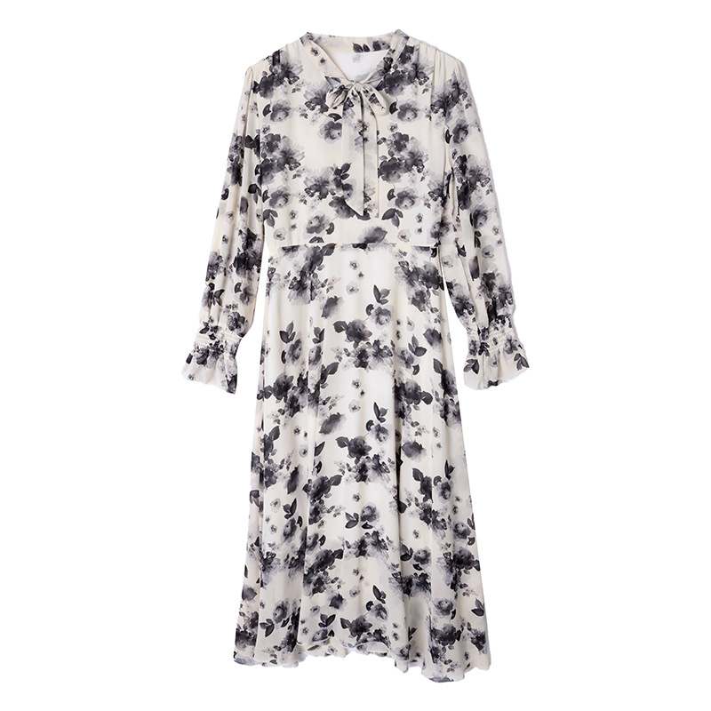 春季新款綁帶領蝴蝶結繫帶時尚優雅長裙