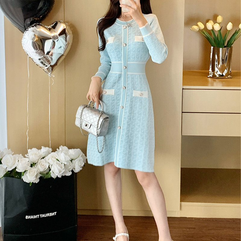 春季新款小香風高腰顯瘦金絲高檔針織連衣裙