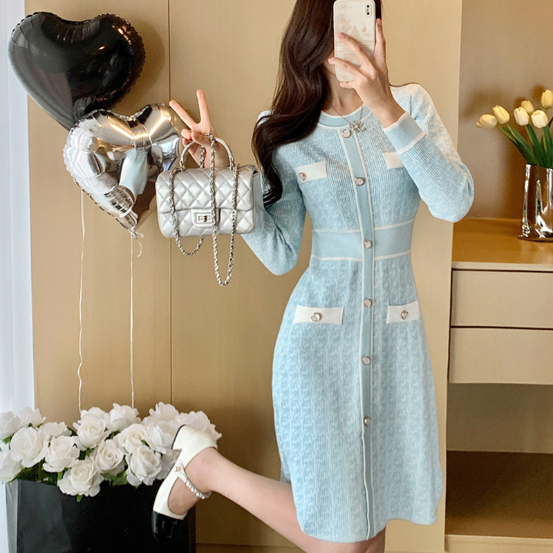 春季新款小香風高腰顯瘦金絲高檔針織連衣裙