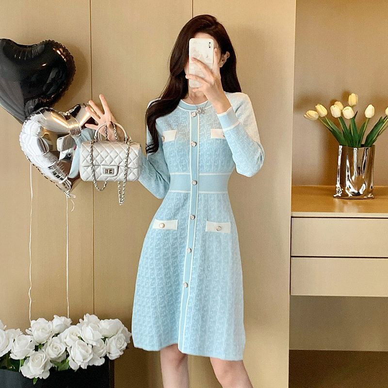 春季新款小香風高腰顯瘦金絲高檔針織連衣裙