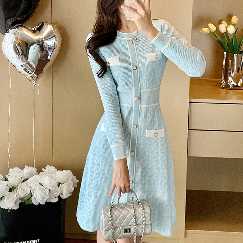 春季新款小香風高腰顯瘦金絲高檔針織連衣裙