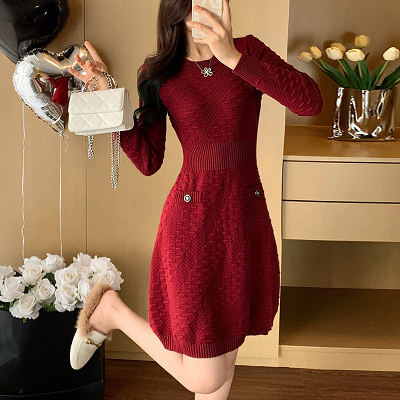 名媛小香風内搭顯瘦高腰A字毛衣裙