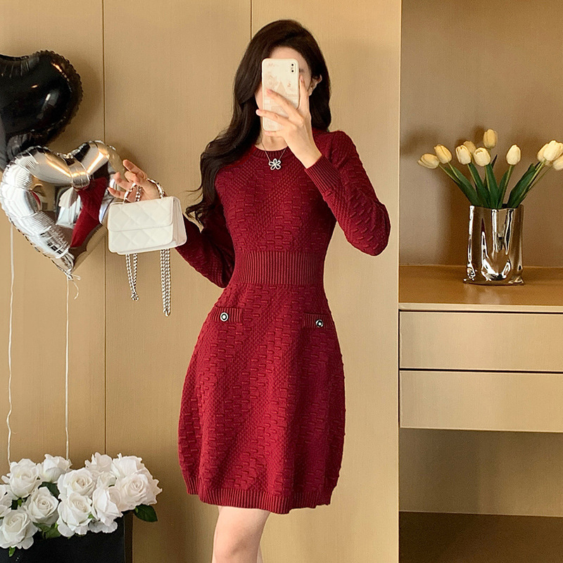 名媛小香風内搭顯瘦高腰A字毛衣裙